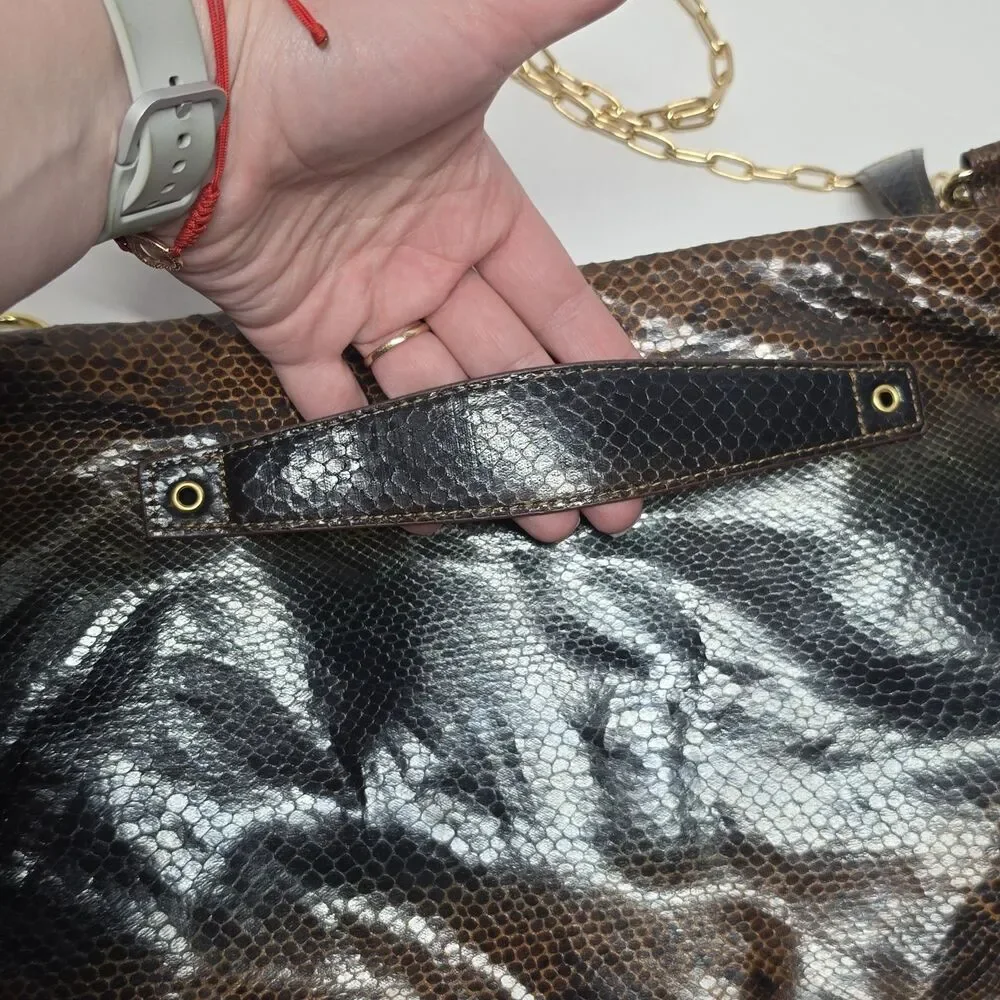 LOGO by Lori Goldstein Brown Snakeskin Print Gold Eyelets Clutch Bag Style 80s